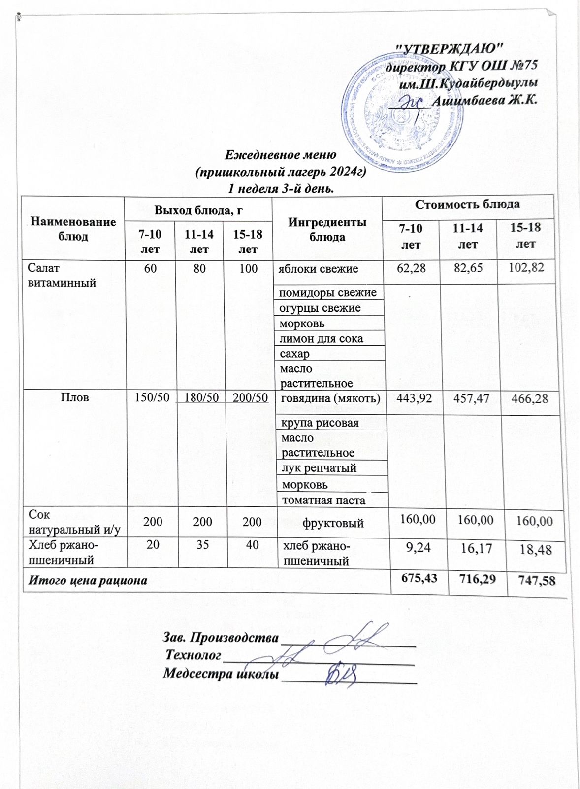 29 мамыр 2024ж күнгі ас мәзіріне сәйкес күнделікті ас мәзірі және дайын тамақтың суреті / Ежедневное меню и фото готового блюда согласно меню на 29 май 2024 года