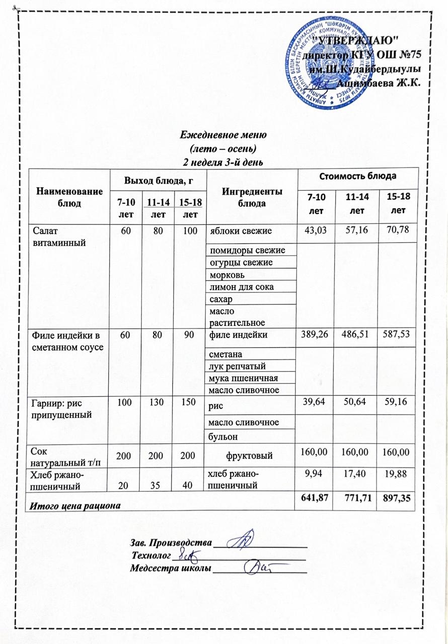 11 қыркүйек 2024ж күнгі ас мәзіріне сәйкес күнделікті ас мәзірі және дайын тамақтың суреті / Ежедневное меню и фото готового блюда согласно меню на 11 сентября 2024 года