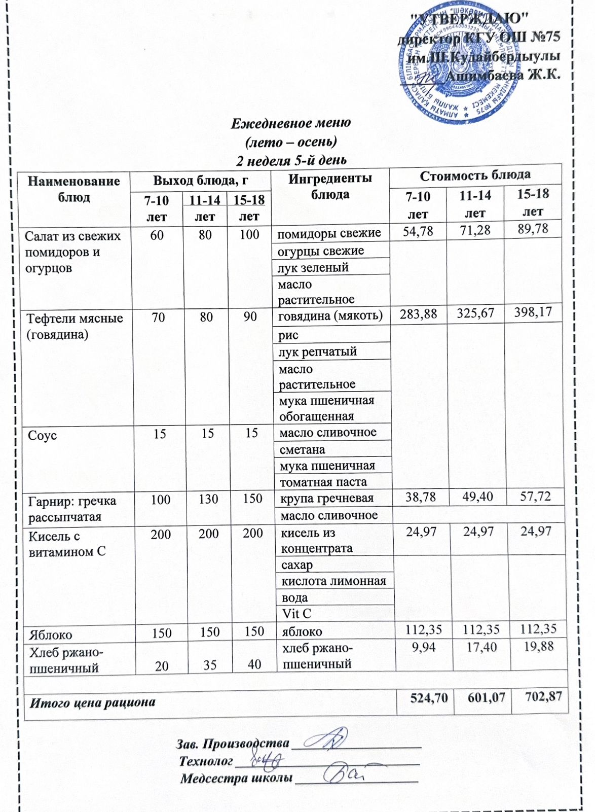 13 қыркүйек 2024ж күнгі ас мәзіріне сәйкес күнделікті ас мәзірі және дайын тамақтың суреті / Ежедневное меню и фото готового блюда согласно меню на 13 сентября 2024 года