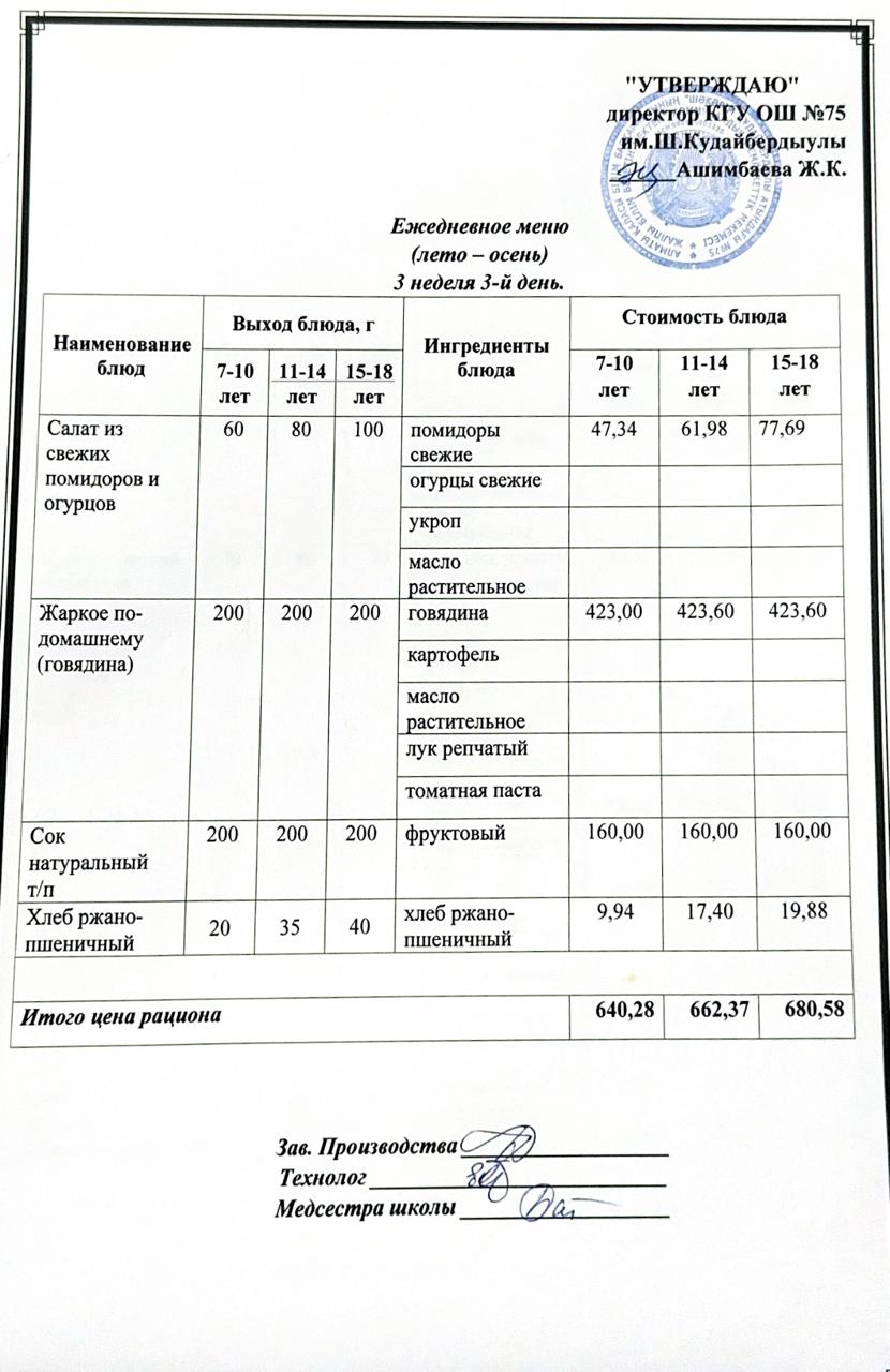 16 қазан 2024ж күнгі ас мәзіріне сәйкес күнделікті ас мәзірі және дайын тамақтың суреті / Ежедневное меню и фото готового блюда согласно меню на 16 октября 2024 года