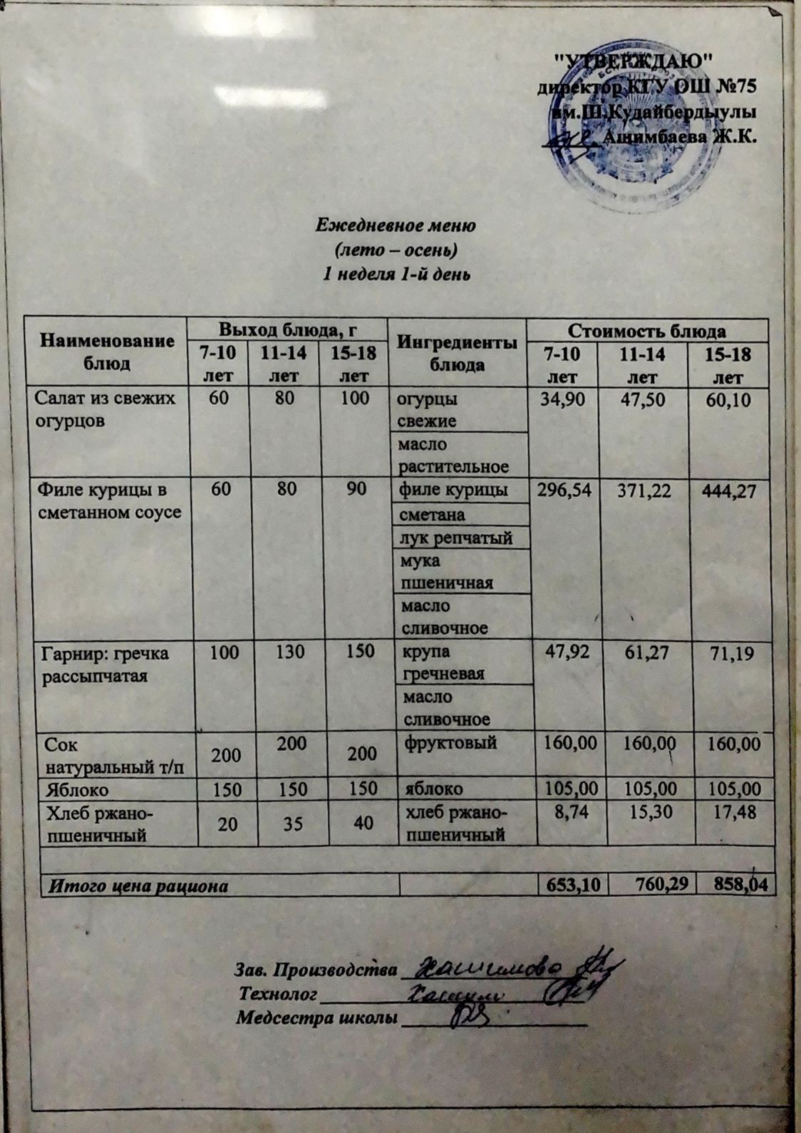 4 қыркүйек 2023ж күнгі ас мәзіріне сәйкес күнделікті ас мәзірі және дайын тамақтың суреті / Ежедневное меню и фото готового блюда согласно меню на 04 сентября 2023