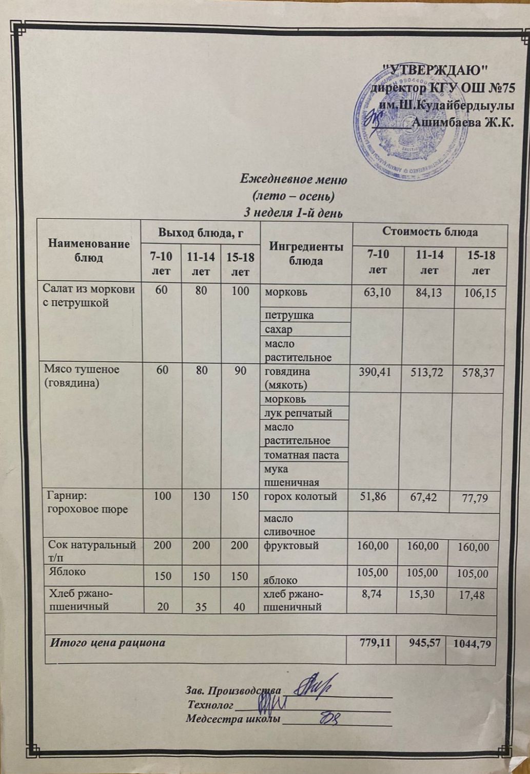 18 қыркүйек 2023ж күнгі ас мәзіріне сәйкес күнделікті ас мәзірі және дайын тамақтың суреті / Ежедневное меню и фото готового блюда согласно меню на 18 сентября 2023