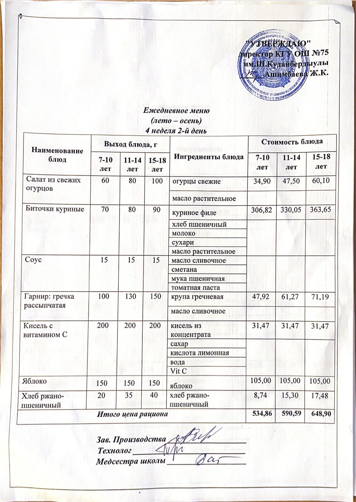 26 қыркүйек 2023ж күнгі ас мәзіріне сәйкес күнделікті ас мәзірі және дайын тамақтың суреті / Ежедневное меню и фото готового блюда согласно меню на 26 сентября 2023