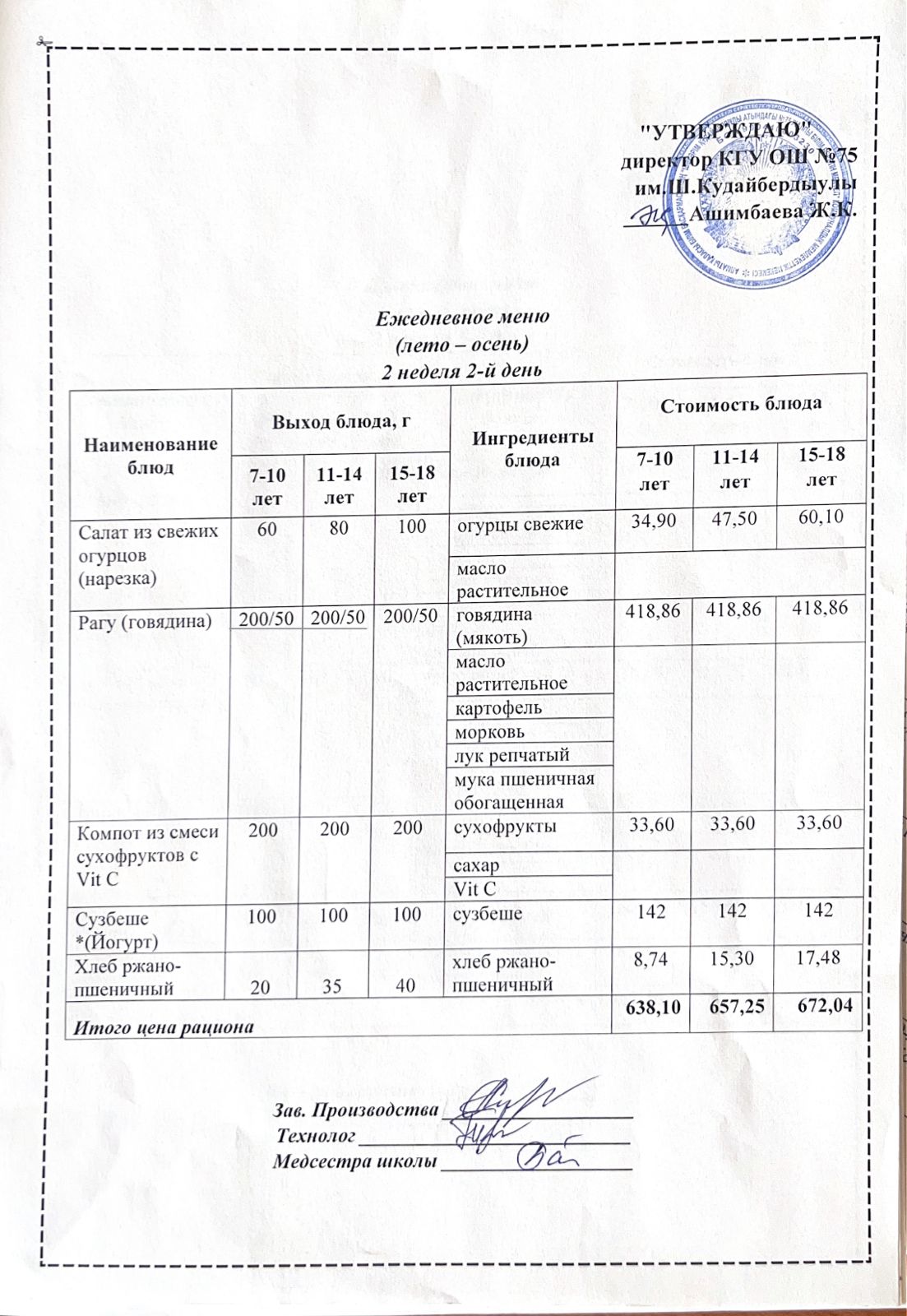 09 қазан 2023ж күнгі ас мәзіріне сәйкес күнделікті ас мәзірі және дайын тамақтың суреті / Ежедневное меню и фото готового блюда согласно меню на 09 октября 2023