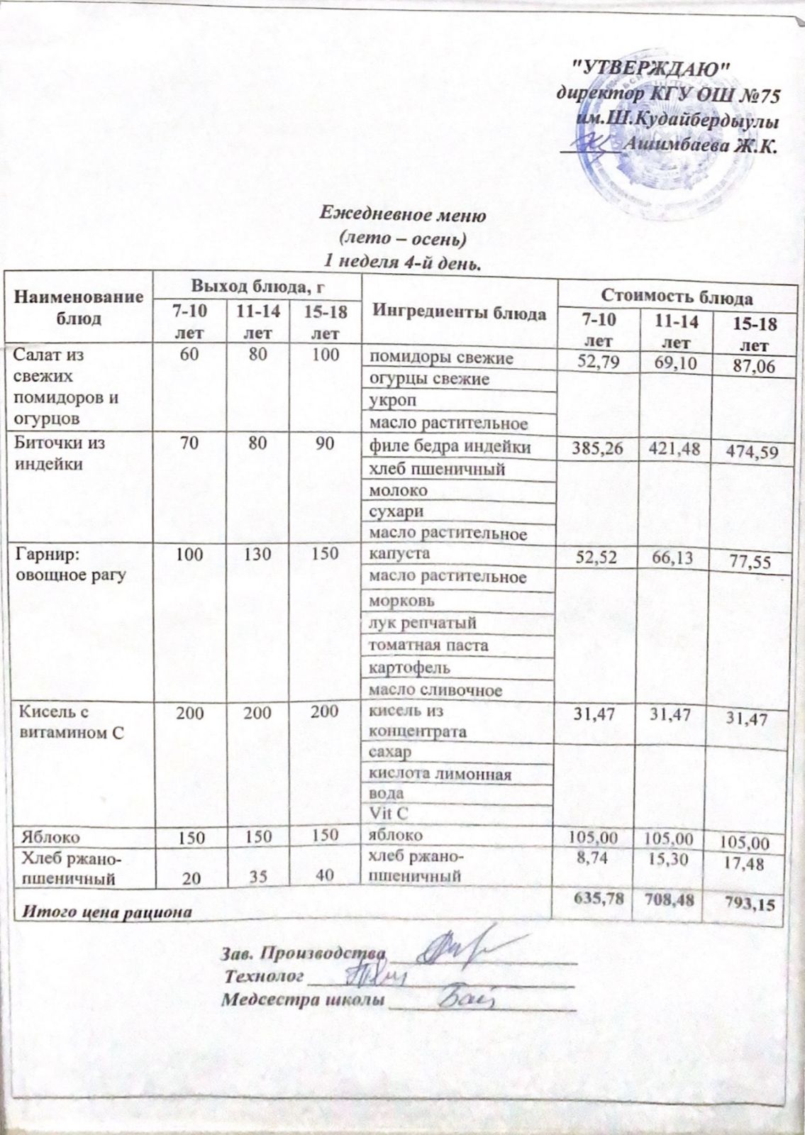 09 қараша 2023ж күнгі ас мәзіріне сәйкес күнделікті ас мәзірі және дайын тамақтың суреті / Ежедневное меню и фото готового блюда согласно меню на 09 ноября 2023