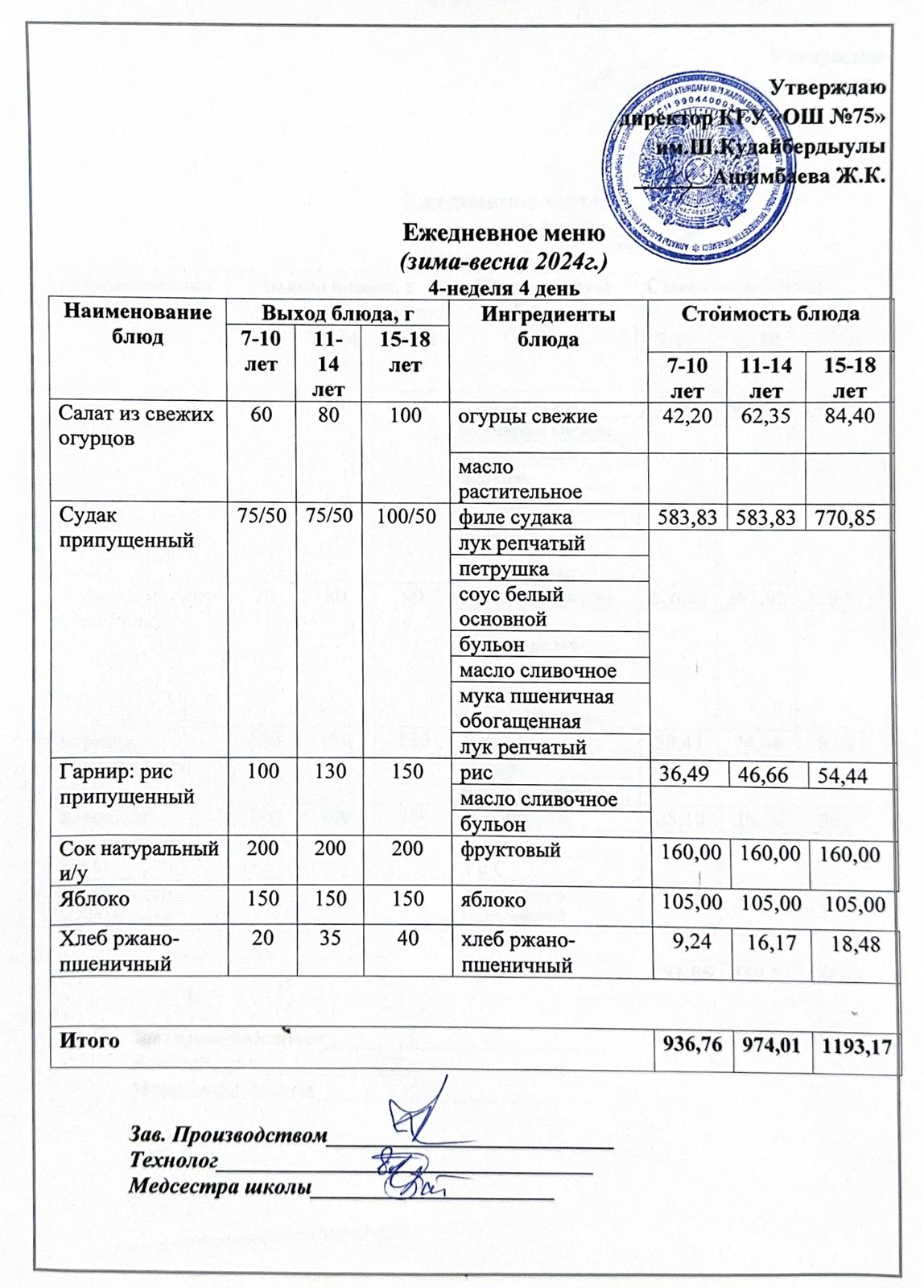 23 мамыр 2024ж күнгі ас мәзіріне сәйкес күнделікті ас мәзірі және дайын тамақтың суреті / Ежедневное меню и фото готового блюда согласно меню на 23 май 2024 года