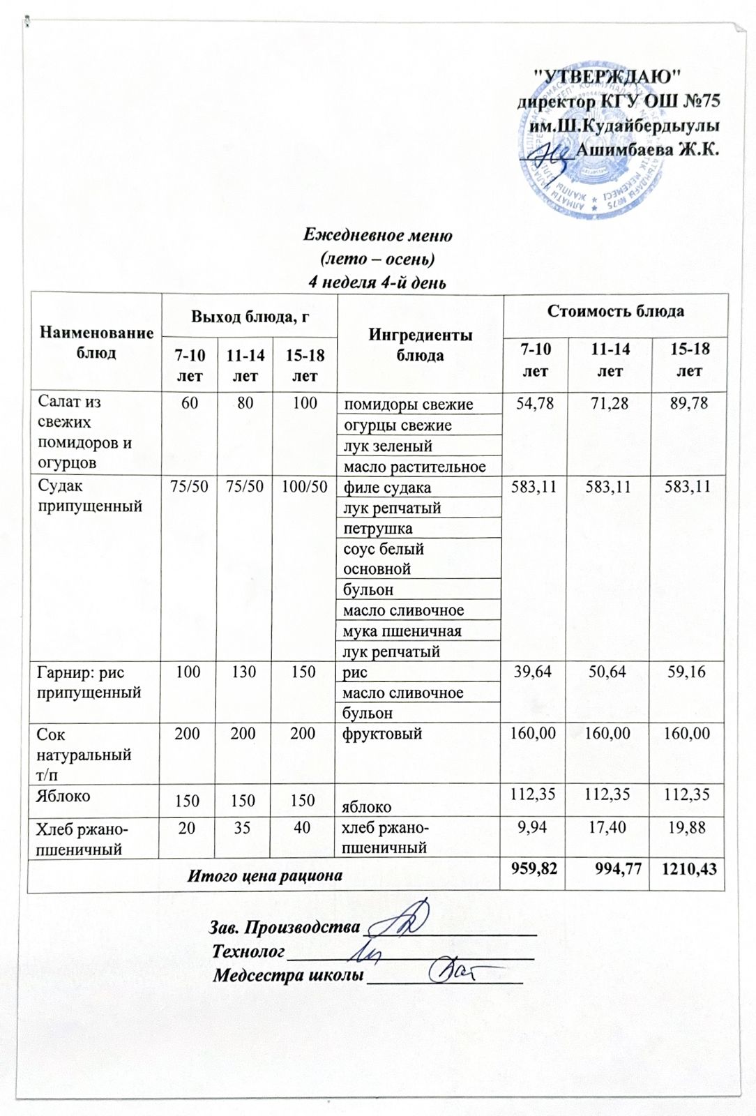 28 қараша 2024ж күнгі ас мәзіріне сәйкес күнделікті ас мәзірі және дайын тамақтың суреті / Ежедневное меню и фото готового блюда согласно меню на 28 ноября 2024 года