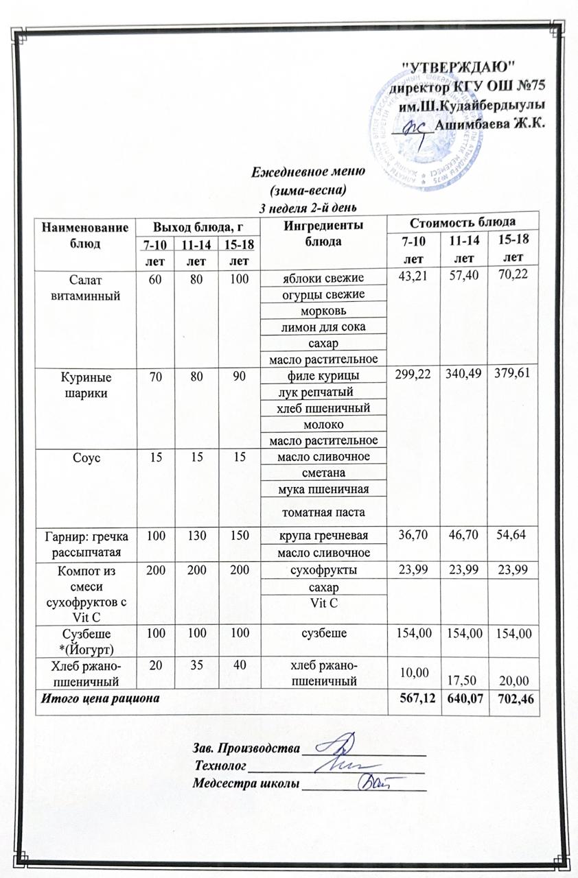 18 наурыз2025ж күнгі ас мәзіріне сәйкес күнделікті ас мәзірі және дайын тамақтың суреті / Ежедневное меню и фото готового блюда согласно меню на 18 марта 2025 года