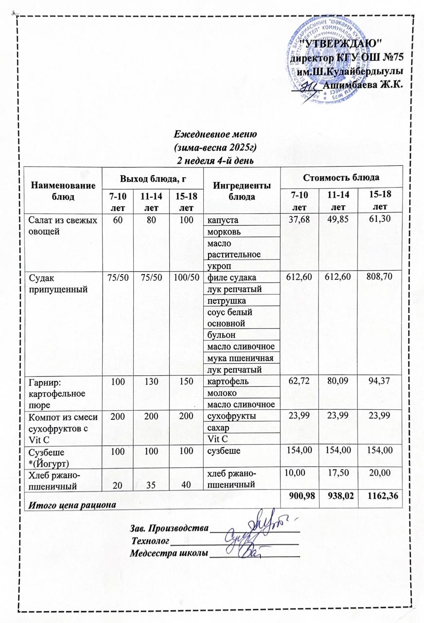 10 сәуір 2025ж күнгі ас мәзіріне сәйкес күнделікті ас мәзірі және дайын тамақтың суреті / Ежедневное меню и фото готового блюда согласно меню на 10 апреля 2025 года