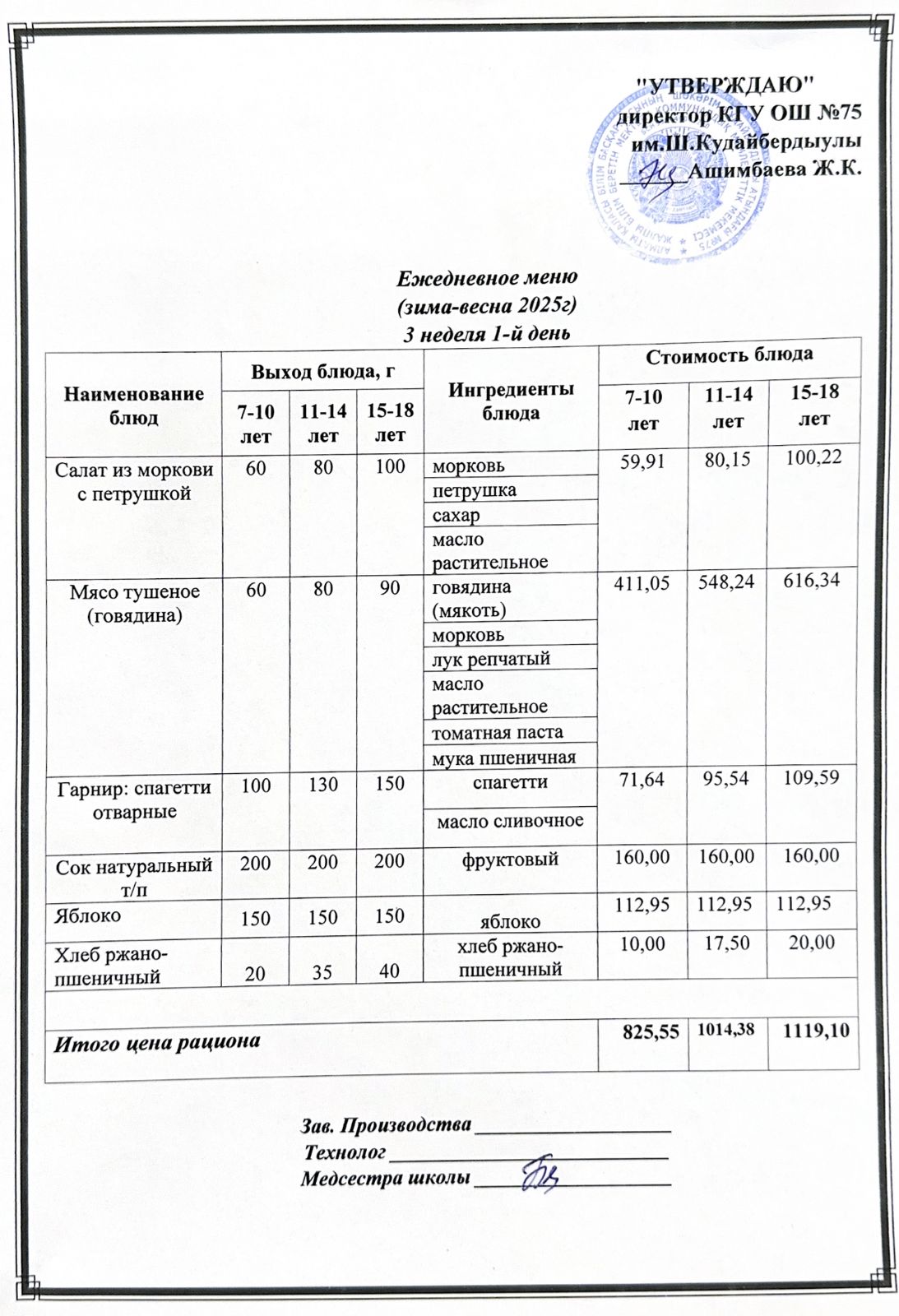 14 сәуір 2025ж күнгі ас мәзіріне сәйкес күнделікті ас мәзірі және дайын тамақтың суреті / Ежедневное меню и фото готового блюда согласно меню на 14 апреля 2025 года