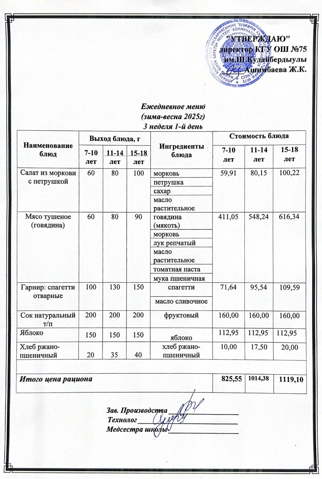 12 мамыр 2025ж күнгі ас мәзіріне сәйкес күнделікті ас мәзірі және дайын тамақтың суреті / Ежедневное меню и фото готового блюда согласно меню на 12 май 2025 года