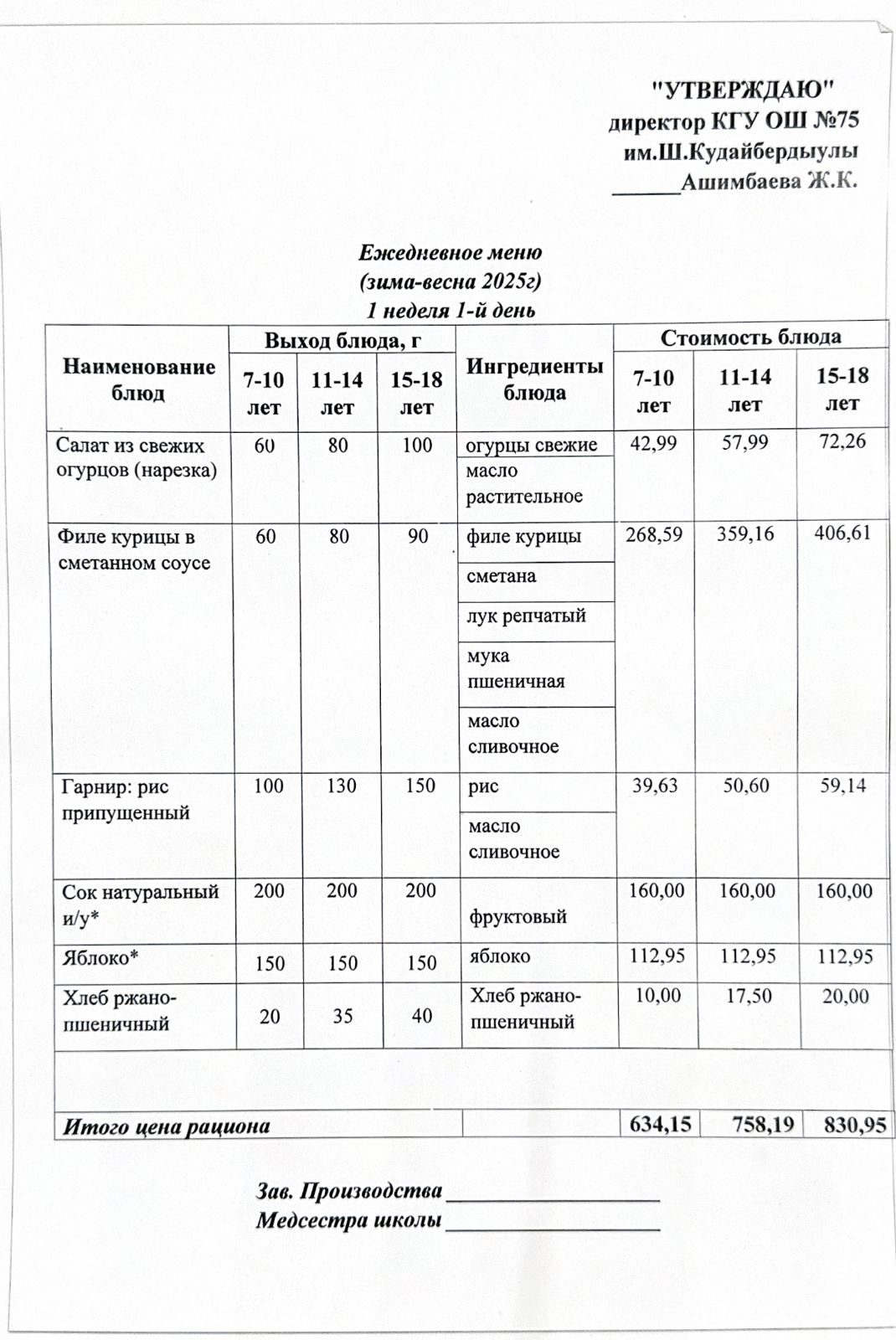 26 мамыр 2025ж күнгі ас мәзіріне сәйкес күнделікті ас мәзірі және дайын тамақтың суреті / Ежедневное меню и фото готового блюда согласно меню на 26 май 2025 года