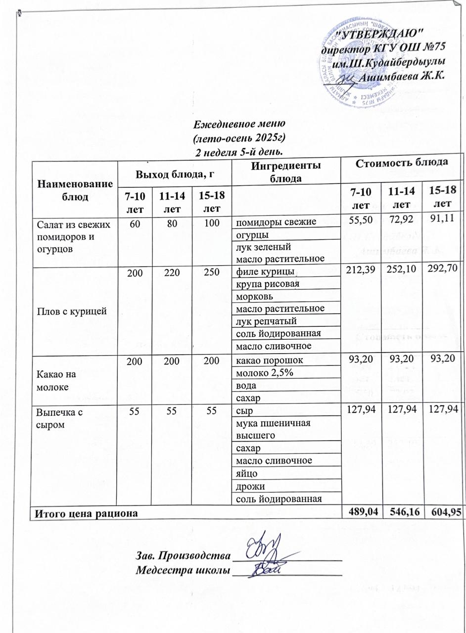 12 қыркүйек 2025ж күнгі ас мәзіріне сәйкес күнделікті ас мәзірі және дайын тамақтың суреті / Ежедневное меню и фото готового блюда согласно меню на 12 сентябрь 2025 года