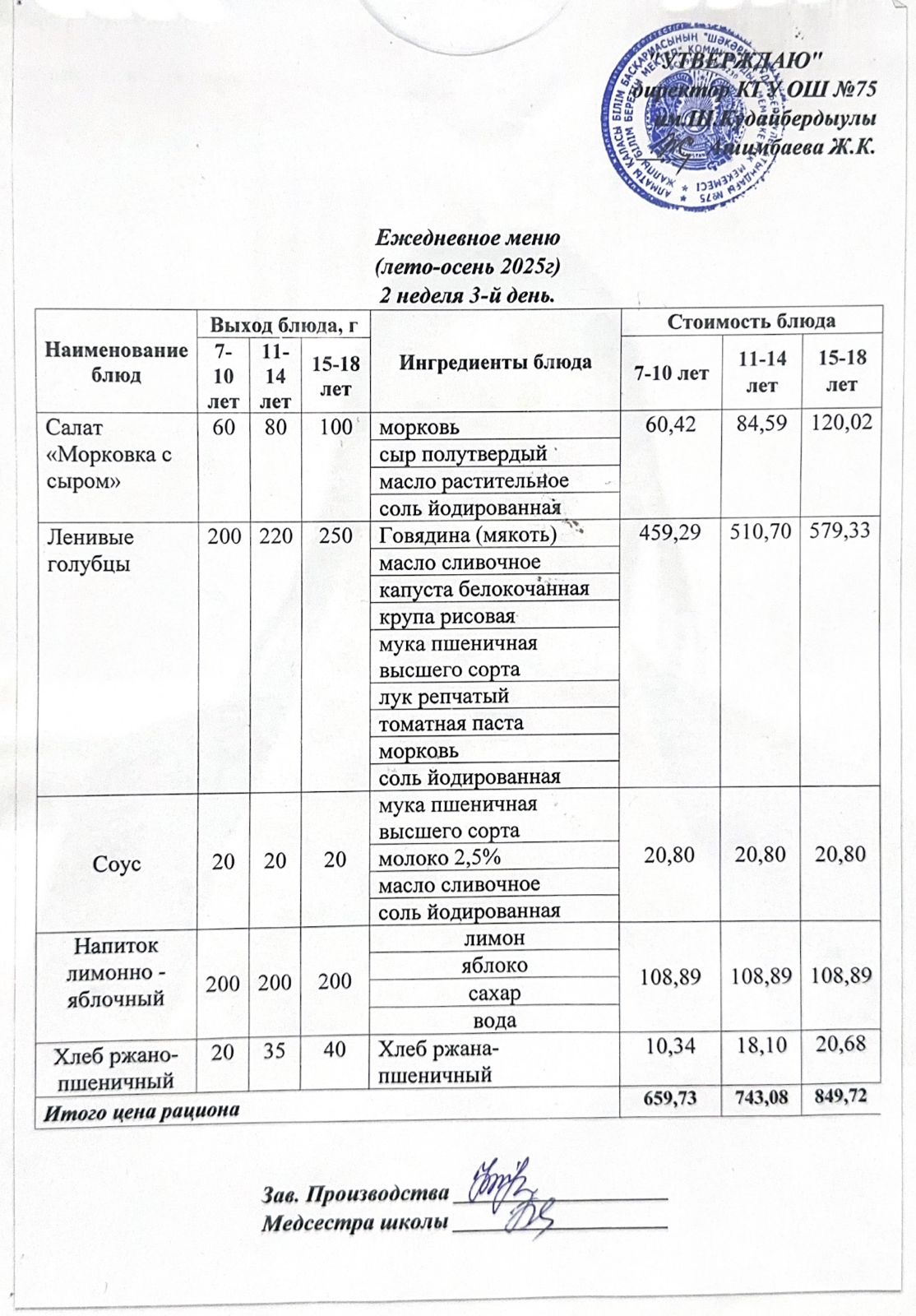 12 қараша 2025ж күнгі ас мәзіріне сәйкес күнделікті ас мәзірі және дайын тамақтың суреті / Ежедневное меню и фото готового блюда согласно меню на 12 ноябрь 2025 год