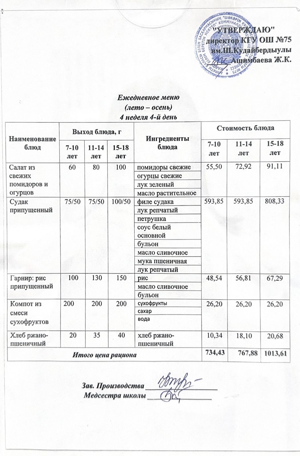 27 қараша 2025ж күнгі ас мәзіріне сәйкес күнделікті ас мәзірі және дайын тамақтың суреті / Ежедневное меню и фото готового блюда согласно меню на 27 ноябрь 2025 год