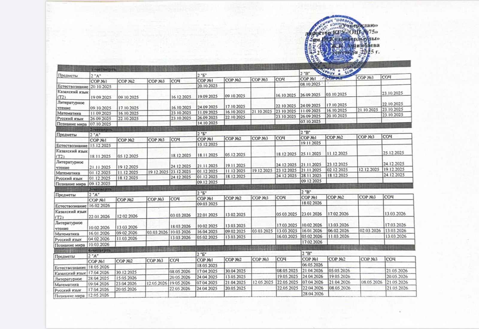 1-4 классы график СО за 2025-2026 учебный год. / 2025–2026 оқу жылы үшін 1–4 сыныптардың СО (сабақтан тыс оқу) кестесі.