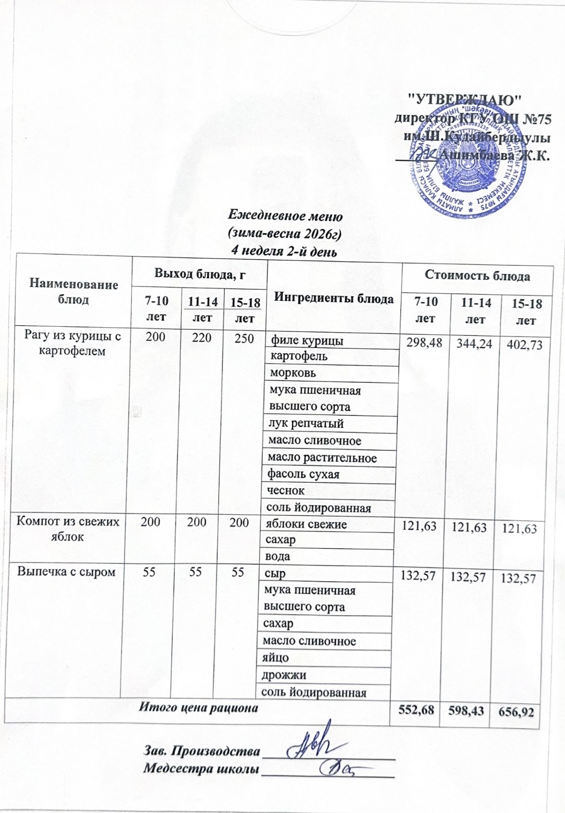 24 ақпан 2026ж күнгі ас мәзіріне сәйкес күнделікті ас мәзірі және дайын тамақтың суреті / Ежедневное меню и фото готового блюда согласно меню на   24 февраль 2026 год