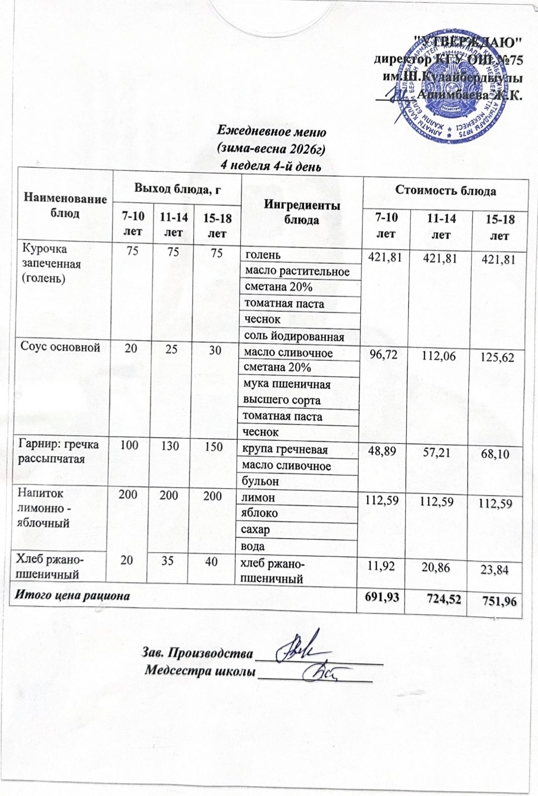 26  ақпан 2026ж күнгі ас мәзіріне сәйкес күнделікті ас мәзірі және дайын тамақтың суреті / Ежедневное меню и фото готового блюда согласно меню на 26 февраль 2026 год