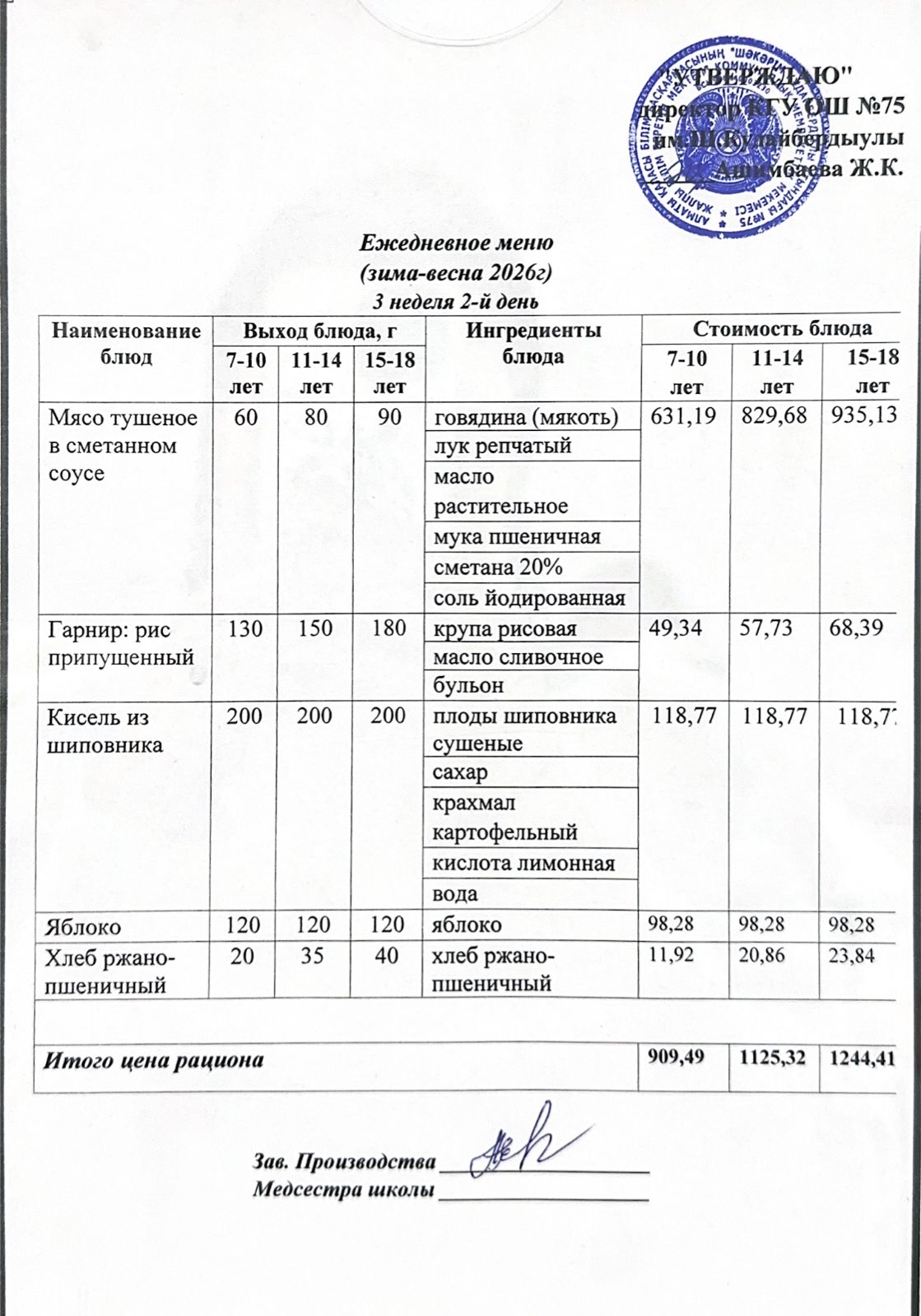 17 наурыз 2026ж күнгі ас мәзіріне сәйкес күнделікті ас мәзірі және дайын тамақтың суреті / Ежедневное меню и фото готового блюда согласно меню на 17 март 2026 год