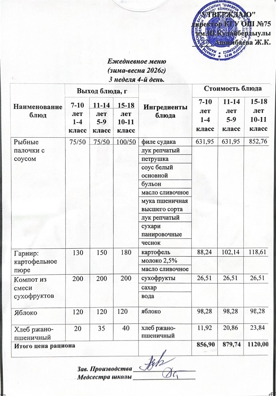 23 сәуір 2026ж күнгі ас мәзіріне сәйкес күнделікті ас мәзірі және дайын тамақтың суреті / Ежедневное меню и фото готового блюда согласно меню на 23 апрель 2026 год